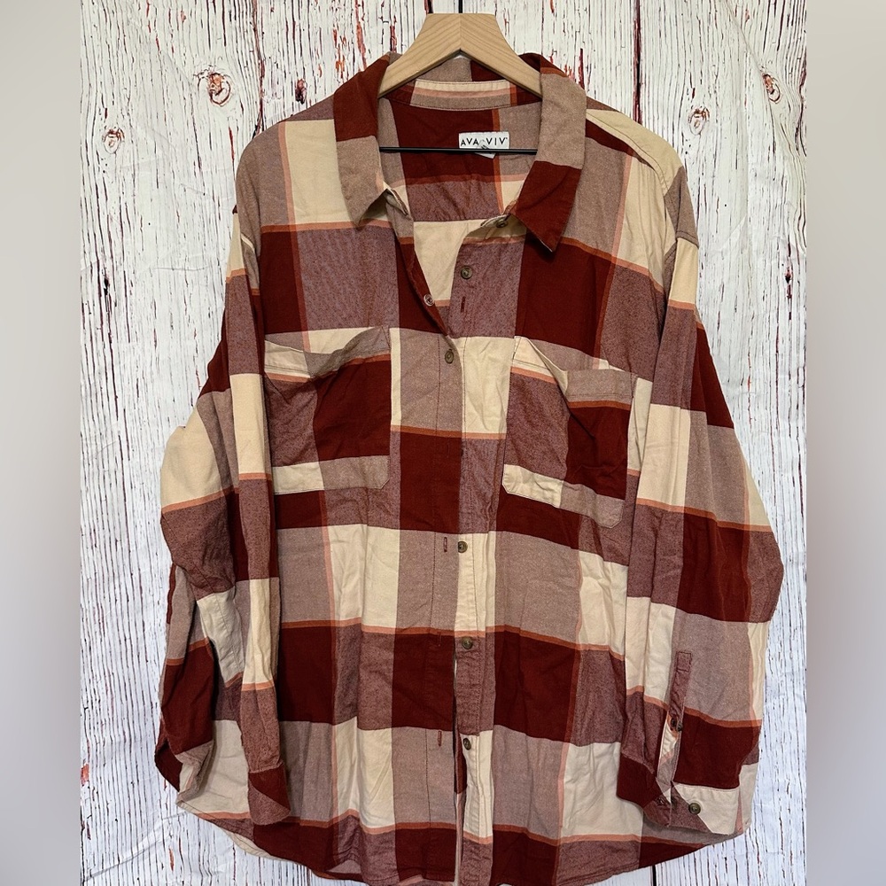 Ava & Viv Burgundy and Beige Plaid Shirt